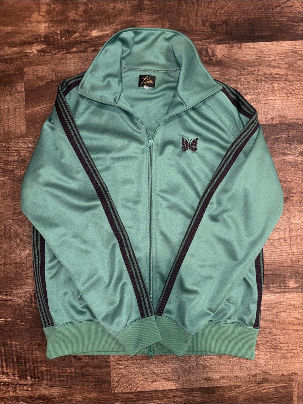 RARE Needles Light Green Track Jacket with Black Stripes and Butterfly